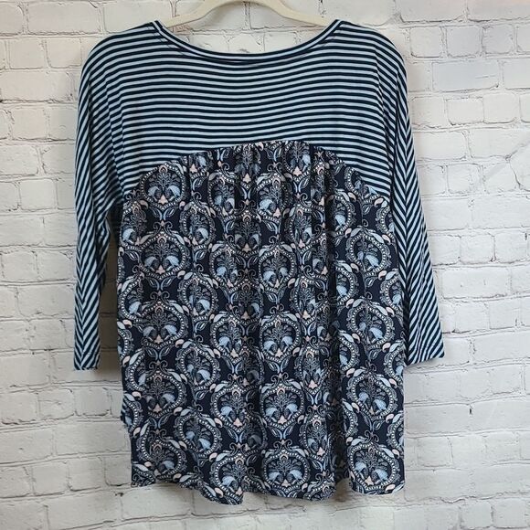 LOFT Blue Mixed Media Top Women's Small Blouse Striped/Paisley Chiffon/Knit Tee - Picture 6 of 12